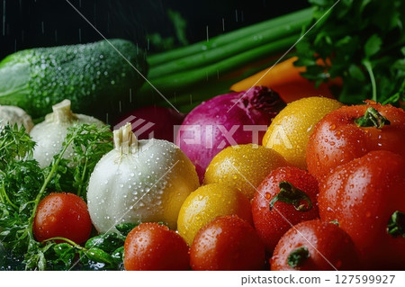 A bunch of vegetables and fruits, including tomatoes, onions, and carrots are covered in water droplets, fresh vegetables 127599927