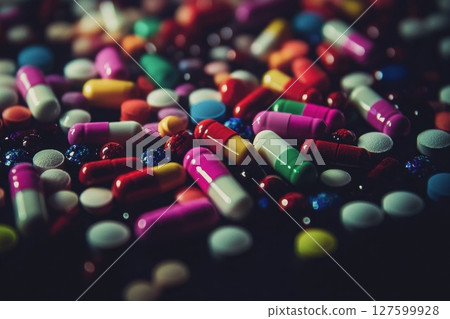 A bunch of colorful pills are scattered on a black surface, Concept of disorder and confusion A bunch of colorful pills are scattered on a black surface, Concept of disorder and confusion 127599928