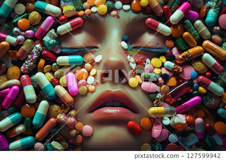 A woman's face is covered in colorful pills, Concept of chaos and disorder A woman's face is covered in colorful pills, Concept of chaos and disorder 127599942