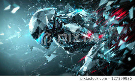 A robot with a blue helmet is flying through a space with a lot of debris 127599980