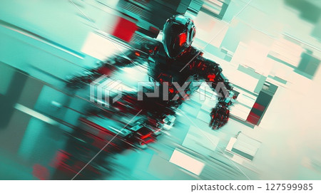 A man in a red suit is running through a blurry image 127599985
