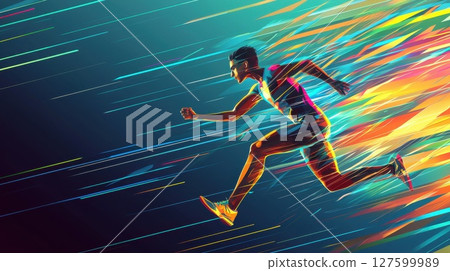 A man is running in a colorful blur, vibrant colors and blurred effect create a dynamic and exciting A man is running in a colorful blur, vibrant colors and blurred effect create a dynamic and exciting 127599989