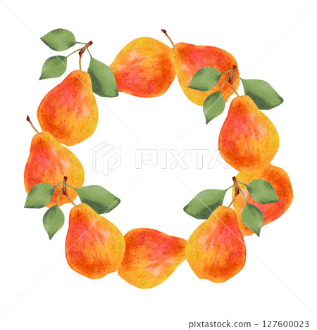 Fruit round frame of yellow pear fruits with leaves. Watercolor illustration. Wreath of juicy fruits. Hand drawn isolated art. Vegetarian products organic food. For juice packaging design, menu Fruit round frame of yellow pear fruits with leaves. Watercolor illustration. Wreath of juicy fruits. Hand drawn isolated art. Vegetarian products organic food. For juice packaging design, menu 127600023