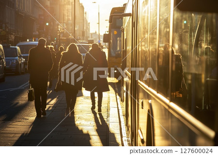 A group of people walking down a street with a bus in the background, daily transportation 127600024