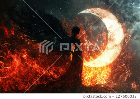 A woman in a black dress stands in front of a large, glowing moon 127600032