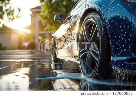 A car is being washed in the rain, The car is in motion and the rain is falling 127600033