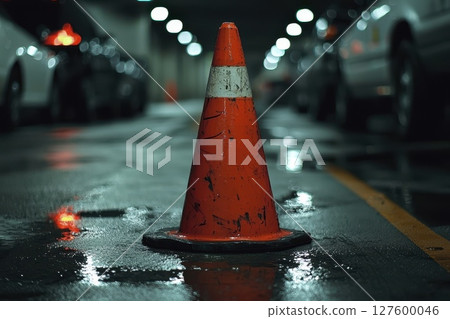 A red and white cone is sitting on a wet road, a mood of caution and danger A red and white cone is sitting on a wet road, a mood of caution and danger 127600046