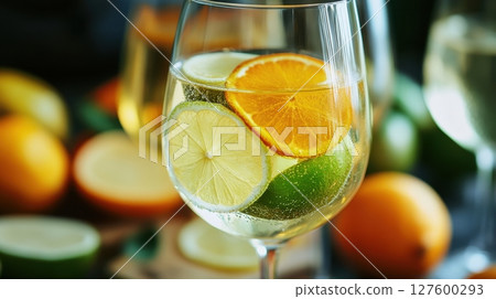 glass filled with sparkling white wine and vibrant citrus slices of lime, lemon, and orange 127600293