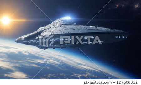 Spacecraft gliding through the cosmos above Earth planet 127600312