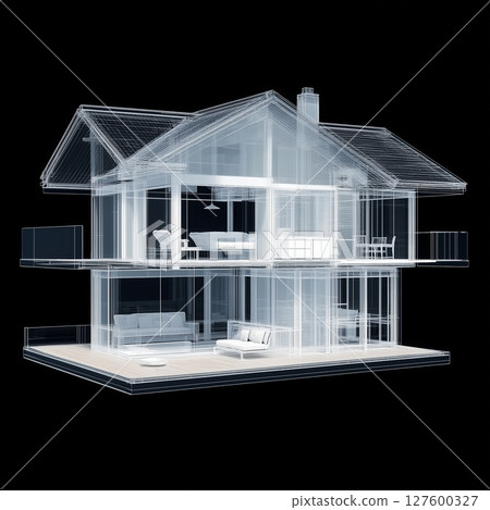 Transparent architectural design showcasing a modern house with multiple levels and open spaces 127600327