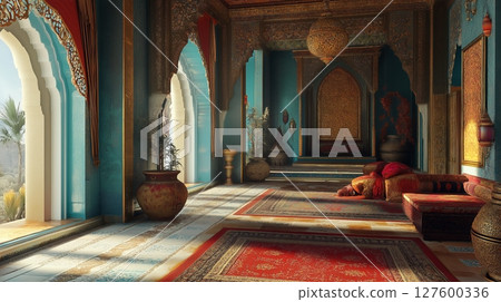 Interior of a luxurious moroccan palace with ornate archways. Interior of a luxurious moroccan palace with ornate archways. 127600336