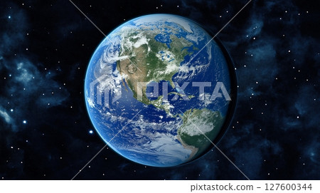 View of Earth from space with vibrant colors and stars in the background 127600344