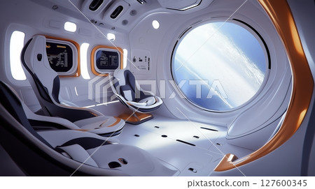 Futuristic spacecraft interior with stunning view of planet from space station 127600345