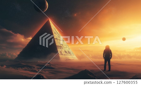 Exploration of an alien landscape featuring a pyramid under a distant planet in the sky at twilight 127600355