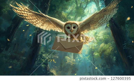 Owl delivering a letter in a mystical forest 127600395