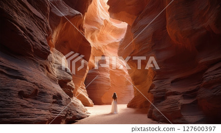 A woman in a flowing white dress stands alone at the base of towering, curved red rock walls in a sunlit slot canyon A woman in a flowing white dress stands alone at the base of towering, curved red rock walls in a sunlit slot canyon 127600397