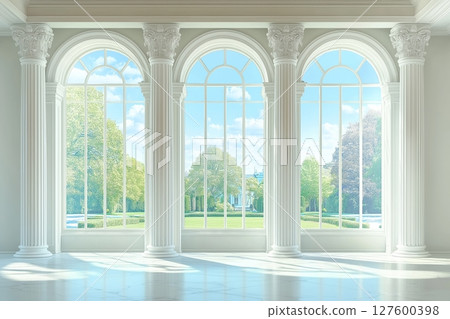 Sunlight illuminates white grand hall through large windows in palace or castle, surrounded by lush greenery Sunlight illuminates white grand hall through large windows in palace or castle, surrounded by lush greenery 127600398