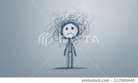 A sad stick figure with a tearful face stands under a chaotic scribbled cloud symbolizing emotional distress 127600440