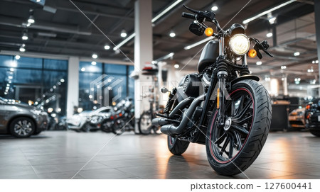 black motorcycle is showcased under bright lights in a modern showroom with cars in the background 127600441