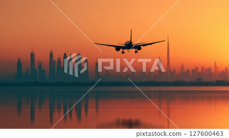 A commercial airplane is captured mid-flight approaching a city skyline at sunset, with Dubai's iconic skyscrapers 127600463