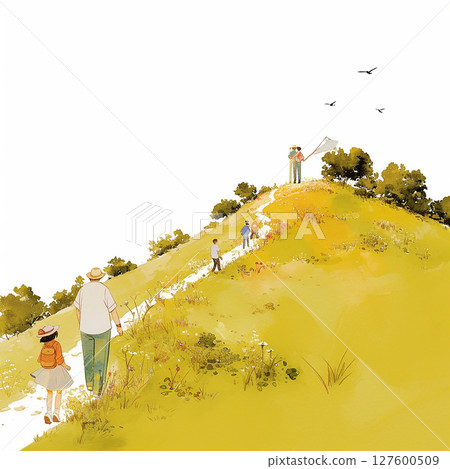 Family exploring a hilltop during a sunny day while children play with a butterfly net Family exploring a hilltop during a sunny day while children play with a butterfly net 127600509