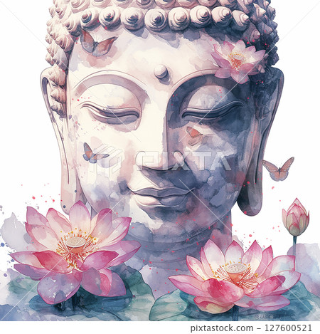 Serene Buddha statue surrounded by lotus flowers and butterflies in a tranquil, artistic display of harmony and peace Serene Buddha statue surrounded by lotus flowers and butterflies in a tranquil, artistic display of harmony and peace 127600521