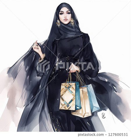 Elegant woman in black attire holding shopping bags stands confidently against a minimalist background Elegant woman in black attire holding shopping bags stands confidently against a minimalist background 127600531