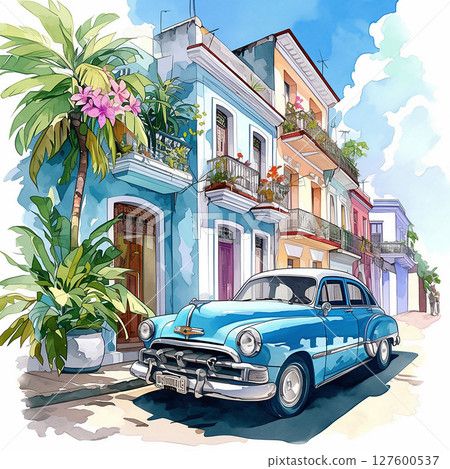 Classic blue car parked along colorful colonial buildings in a vibrant street scene at midday 127600537