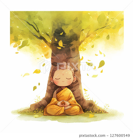 Buddha meditating peacefully under a tree surrounded by falling leaves in a tranquil setting during autumn 127600549