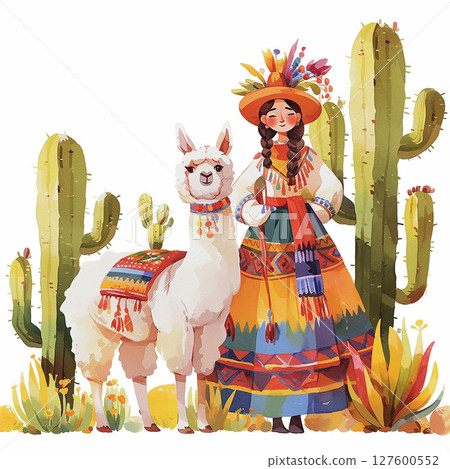 Colorful woman in traditional attire standing with a llama amidst cacti and desert plants in a vibrant landscape 127600552