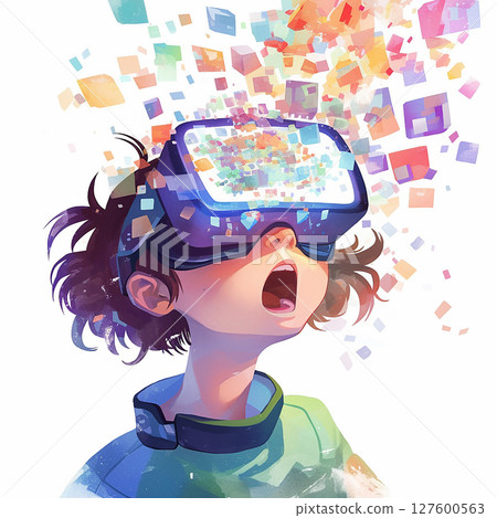 Exciting virtual reality experience as a young person explores vibrant digital worlds 127600563