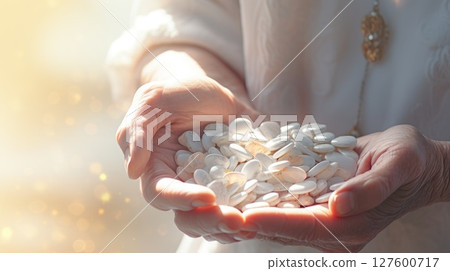 elderly holding pills in hands medication healthcare, ai 127600717