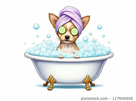 A charming dog hides in a bathtub filled with fluffy bubbles, with only its adorable ears peeking out from under a towel. 127600898