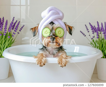 A charming dog hides in a bathtub filled with fluffy bubbles, with only its adorable ears peeking out from under a towel. A charming dog hides in a bathtub filled with fluffy bubbles, with only its adorable ears peeking out from under a towel. 127600899