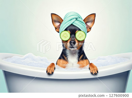 A charming dog hides in a bathtub filled with fluffy bubbles, with only its adorable ears peeking out from under a towel. 127600900