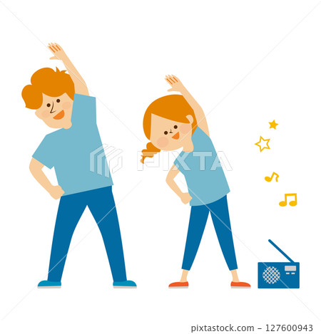 Cute illustration of adult men and women doing radio exercises Cute illustration of adult men and women doing radio exercises 127600943
