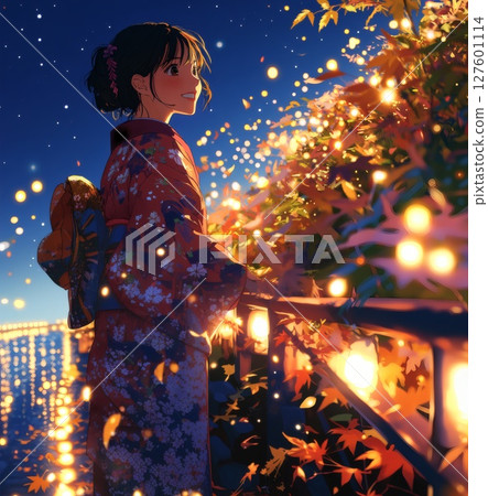 Illuminated autumn leaves and a woman 127601114