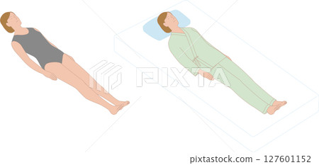 A woman lying on her back. A vector illustration seen from above at an angle in a patient gown and underwear. 127601152