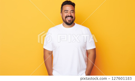 joyful young hispanic plus size body positive male man boy guy 30s in white blank design casual t-shirt posing color background studio portrait, ai 127601183