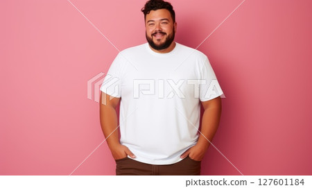 joyful young hispanic plus size body positive male man boy guy 30s in white blank design casual t-shirt posing color background studio portrait, ai 127601184