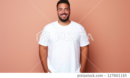 joyful young hispanic plus size body positive male man boy guy 30s in white blank design casual t-shirt posing color background studio portrait, ai 127601185