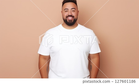 joyful young hispanic plus size body positive male man boy guy 30s in white blank design casual t-shirt posing color background studio portrait, ai 127601186