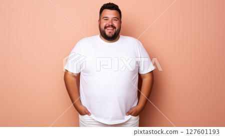 joyful young hispanic plus size body positive male man boy guy 30s in white blank design casual t-shirt posing color background studio portrait, ai 127601193