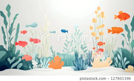 Summer landscape illustration with sea creatures and schools of fish 127601396