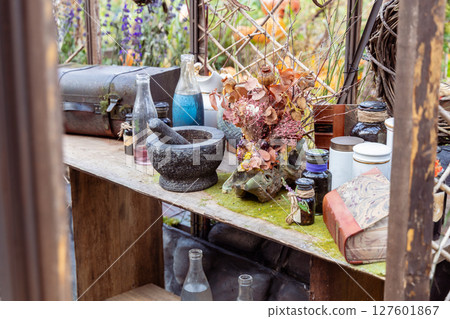 Halloween garden decorations concept. Autumn composition Halloween garden decorations concept. Autumn composition 127601867