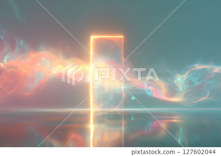 A rainbow-colored prism beam of light illuminates the floor and the space in a fantastical way through an open door set into the pure white interior wall. 127602044