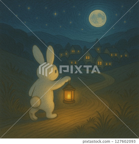 Back view of a rabbit holding a lantern, night road background 127602093