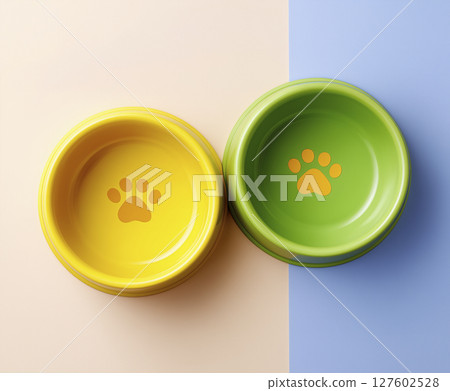 Two bowls with paw prints on them 127602528