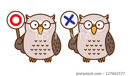 可愛的貓頭鷹用真或假牌來判斷插圖（向量） 127602577