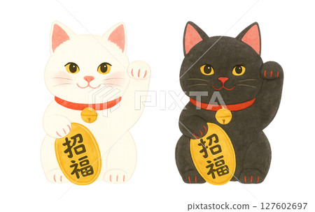 Illustration of a white and black cat maneki-neko | Auspicious charm that brings good fortune / Cute Japanese-style character 127602697
